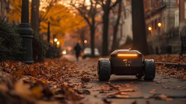 An autonomous delivery robot moves along a city street covered in fallen leaves, with street lamps illuminating the autumn evening. A person walks in the background. photo