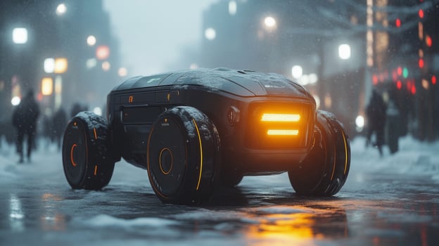 A robotic delivery vehicle slowly moves through a snow covered city street during winter, highlighting advancements in logistics and autonomous mobility technology. photo