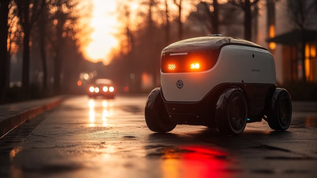 A delivery robot navigates a city street at dusk, illuminated by its headlights. It represents advancements in transportation, logistics, and automation for last mile delivery solutions. photo