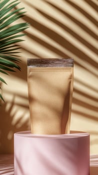 A brown bag of powder sitting on a pink stand photo