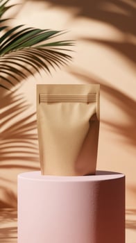 A brown paper bag on a pink pedestal with palm trees photo