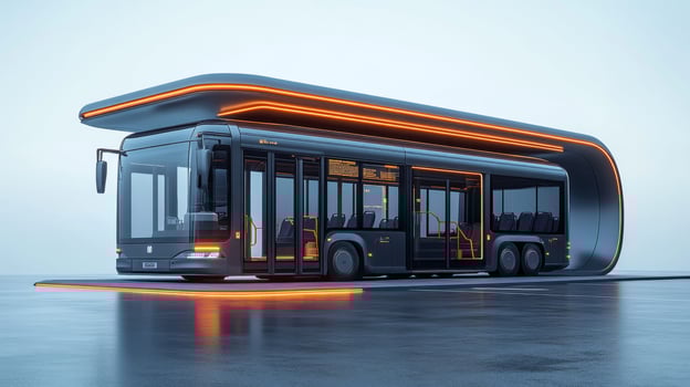 A futuristic electric bus charging station features sleek design and advanced infrastructure, promoting renewable energy and automating urban mobility solutions. photo