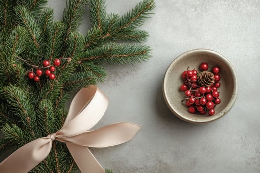 Christmas decoration with pine cones and berries on a gray background photo