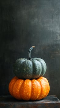 A stack of pumpkins on a wooden table photo