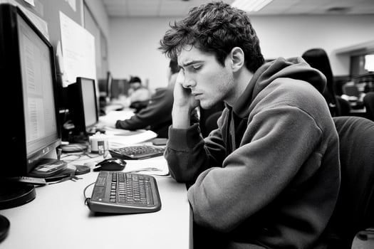 A man sitting at a desk with a computer photo