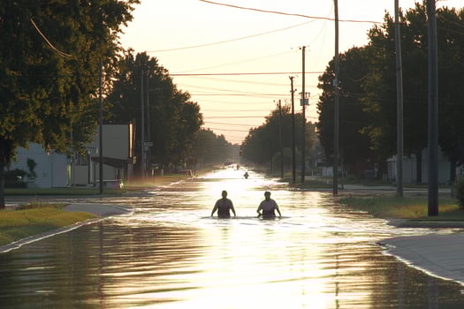 Two people are riding on a water filled street photo