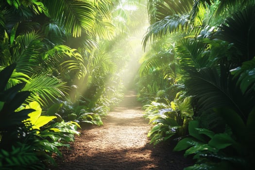 A path through a jungle with sunlight shining through the trees photo
