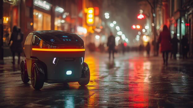 A compact, autonomous delivery robot moves along rain soaked streets illuminated by city lights as pedestrians walk by. The robot showcases cutting edge logistics technology for last mile delivery. photo