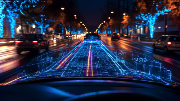 Advanced connectivity and automation in transportation enable vehicles to interact with smartroads, ensuring safer mobility in illuminated urban areas after dark. photo