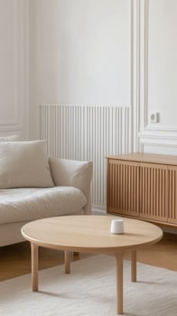 A white couch and a wooden table in a room photo