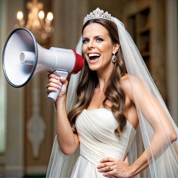 Beautiful brunette bride in white wedding dress with megaphone photo