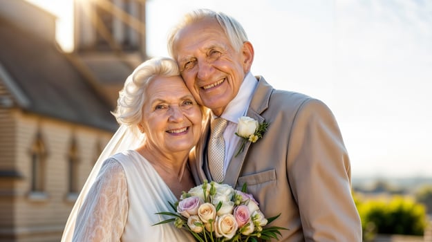 Elderly couple wedding portrait. love at age. wedding concept. elderly bride and groom. fifth golden wedding anniversary. eternal true love. photo