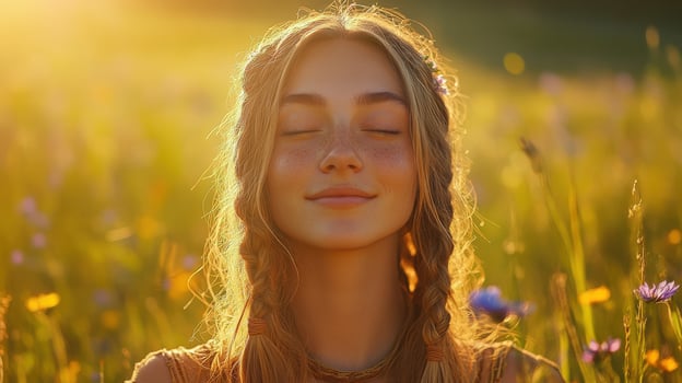 Sunlit boho braids in a vibrant wildflower field photo