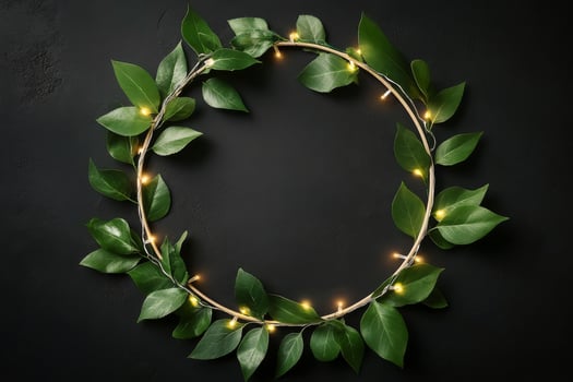 A wreath of green leaves and lights on a black background photo