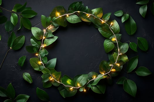 Green leaves and lights in a circle on a black background photo