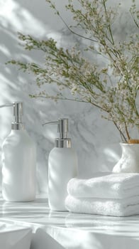 White bathroom accessories on a marble counter photo