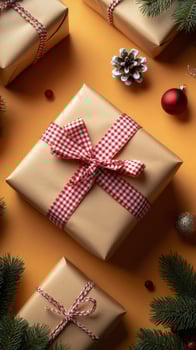 Gift boxes wrapped in brown paper with red and white checkered ribbon photo