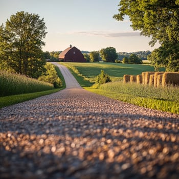 Picturesque gravel road leading to a red barn photo