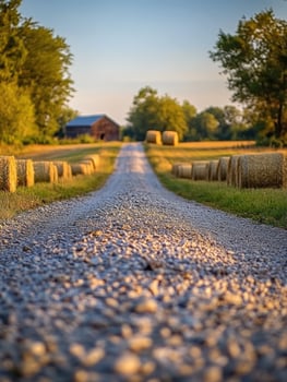 Countryside road lined with hay bales at sunset photo