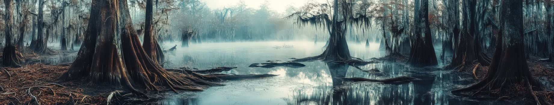 Misty morning in a tranquil swamp landscape photo