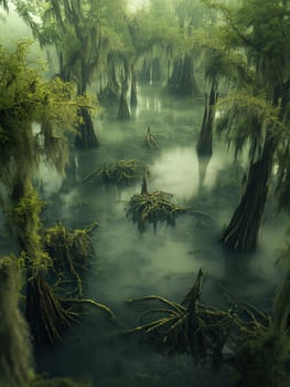 Mysterious swamp landscape with cypress trees at dawn photo