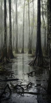 Misty swamp with towering trees at dawn photo