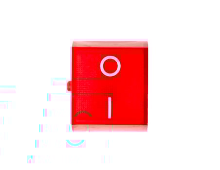 Red power switch button with symbols I - means On, 0 - Off, isolated on white background, representing concepts like power, control and activation, photo