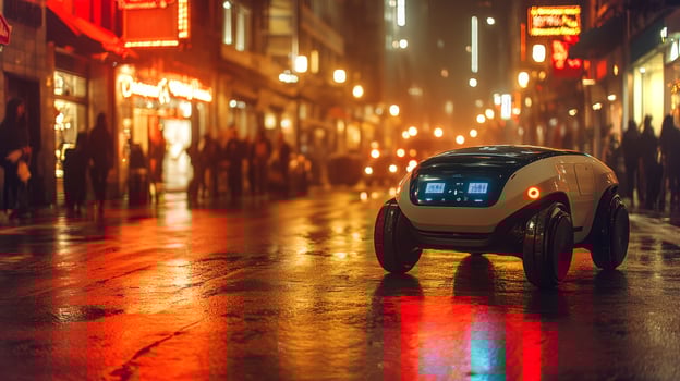 A delivery robot operates on wet pavement in a bustling city at night. Neon lights reflect off the ground while people walk nearby, showcasing advanced mobility technology in urban logistics. photo
