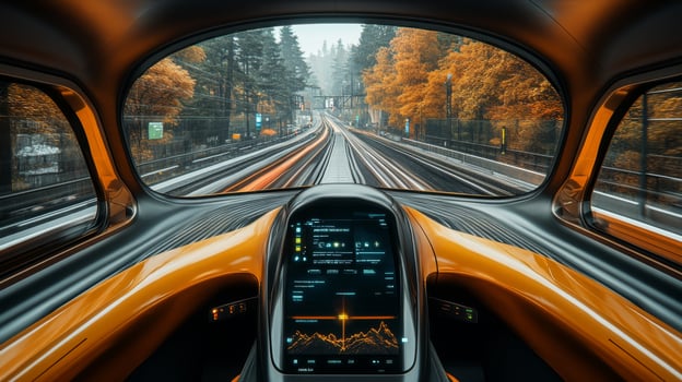 View from inside a modern autonomous train showcasing advanced control systems and seamless mobility along a picturesque railway surrounded by vibrant autumn foliage. photo