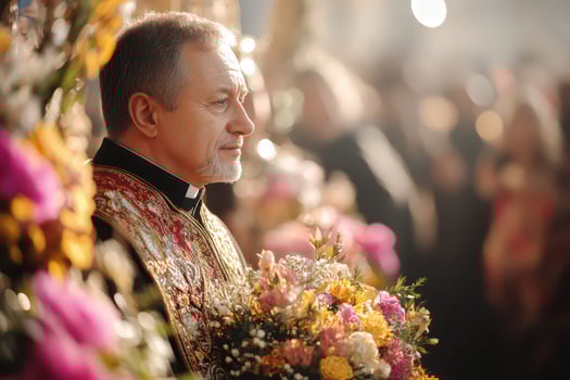 A priest in a church with flowers photo