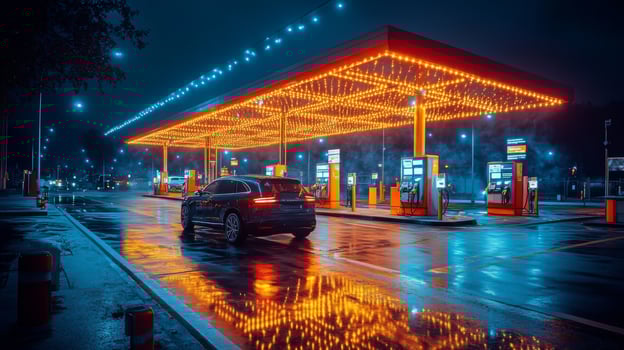 A sleek car approaches a bright electric vehicle charging station at night. Rain creates reflections on the ground, highlighting the innovation in infrastructure and renewable energy. photo