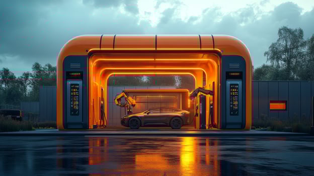 Inside a modern charging station, robotic arms efficiently charge an electric vehicle while illuminated in bright orange lights, showcasing the future of mobility and infrastructure. photo