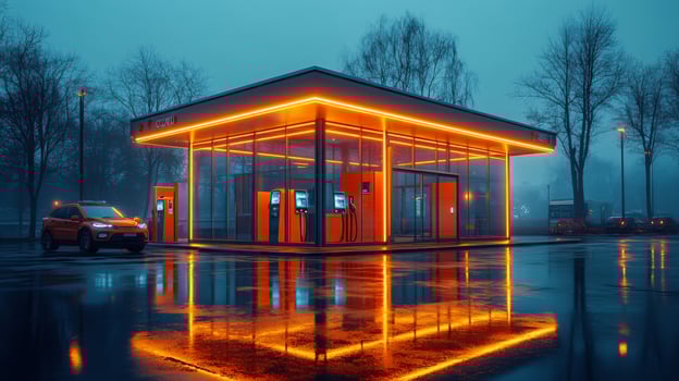 A sleek electric vehicle charging station features glowing orange lights on wet pavement at twilight, highlighting urban mobility and renewable energy efforts. photo