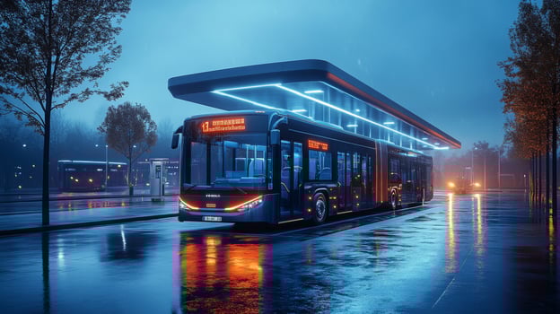 A modern electric bus stands at a sleek charging station illuminated by blue lights. Rain soaked pavement reflects its vibrant design as twilight descends on the urban landscape. photo