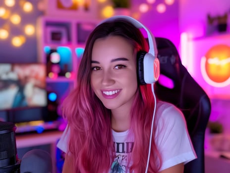 Vibrant Gamer Girl Streaming in Neon Gaming Setup photo
