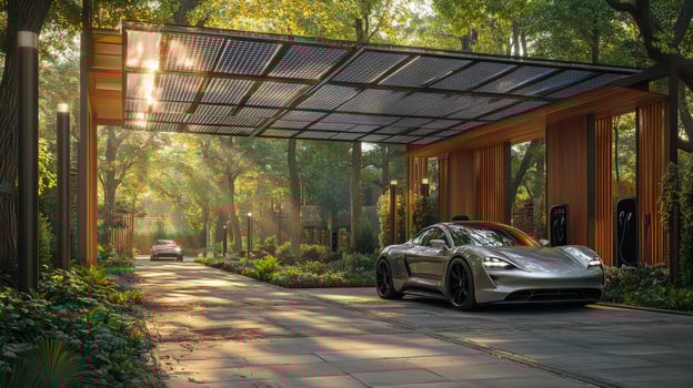 Electric vehicles are charging at advanced renewable energy stations in a lush green environment, showcasing an eco friendly approach to modern mobility and infrastructure. photo