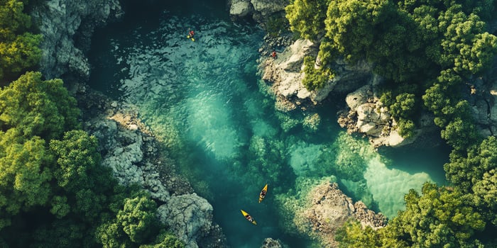 Aerial View Of Turquoise Waters Enclosed By Lush Green Trees And Rocks In Tropical Sunlight And Peaceful Scenery In Tranquil Blue photo