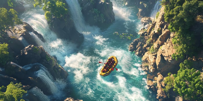 Aerial View of White Water Rafting on Green River with Waterfalls Surrounded By Rocky Cliffs and Lush Green Trees on a Sunny Day photo