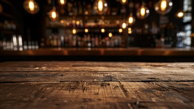 Rustic wooden bar top, blurred background of dimly lit bar area with hanging lights photo