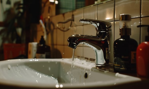 Water running from a chrome faucet into a white sink photo