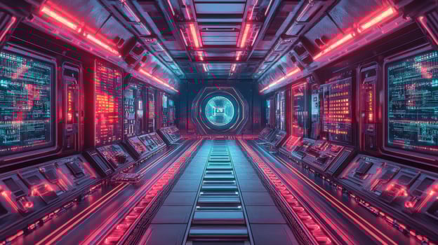 Futuristic Neon Lit Spaceship Corridor Interior photo
