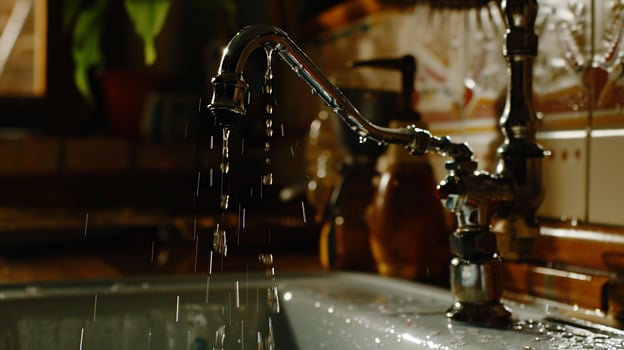 Leaking faucet drips water onto kitchen sink photo