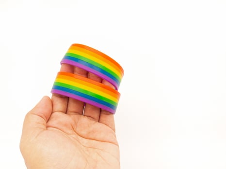 Close-up of hand holding two rainbow wristbands on a white background photo