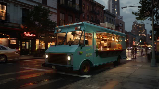 Retro food truck on city street at night photo