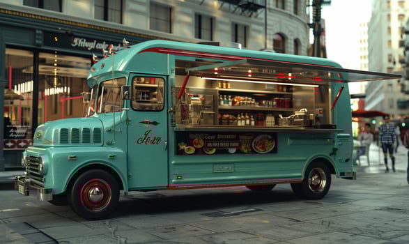 Retro food truck parked on city street photo