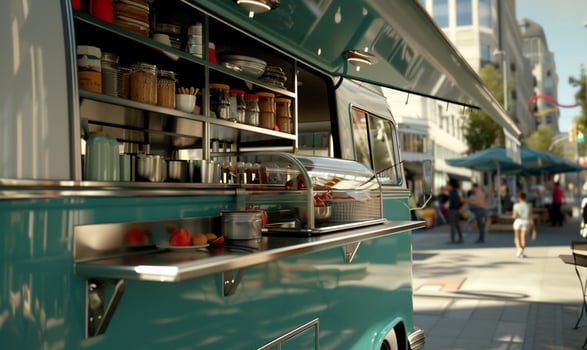 Retro food truck, outdoor cafe, street vendor, urban setting photo