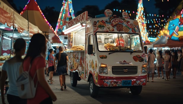 Food truck at a night market, people walking by photo