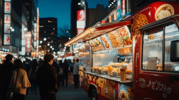 Night food truck in bustling city street photo