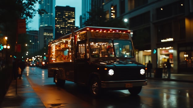 Night food truck on city street, rain photo