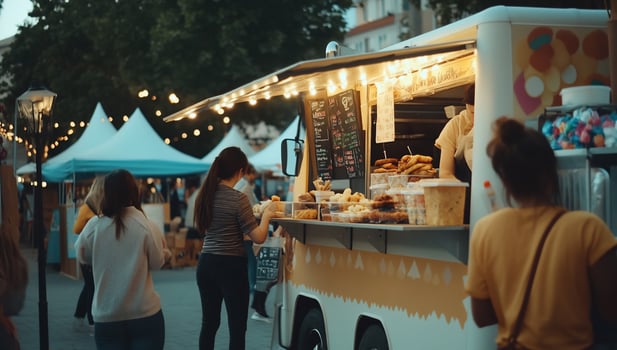 Outdoor food truck at a festival. People waiting in line to buy delicious treats photo
